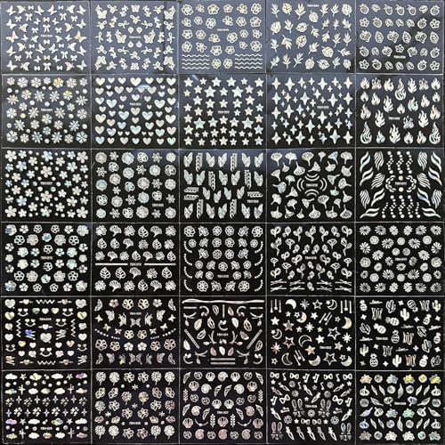 30 Sheets Aurora Nail Art Stickers Decals 3D Self Adhesive Flower Nail Stickers for Nail Art Moon Star Nail Decals Leaf Heart Nail Design for DIY Acrylic Nails Decoration Accessories for Women Girls