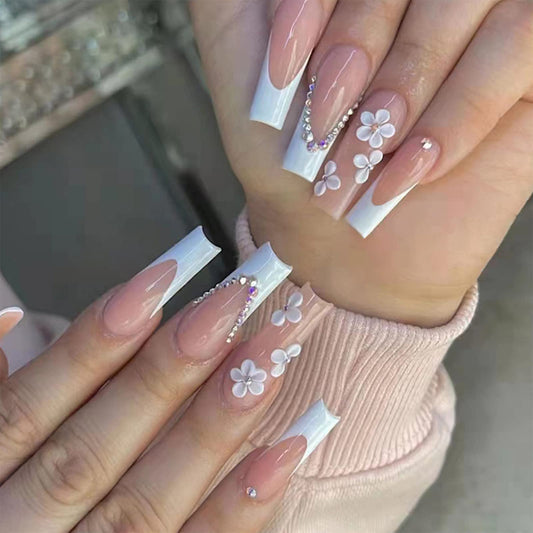 French Tip Press on Nails Long Coffin Fake Nails with Cute Flowers Design White Coffin Full Cover Stick on Nails Glossy False Nails with Glue on Nails for Women Girls Gems Acrylic Nails