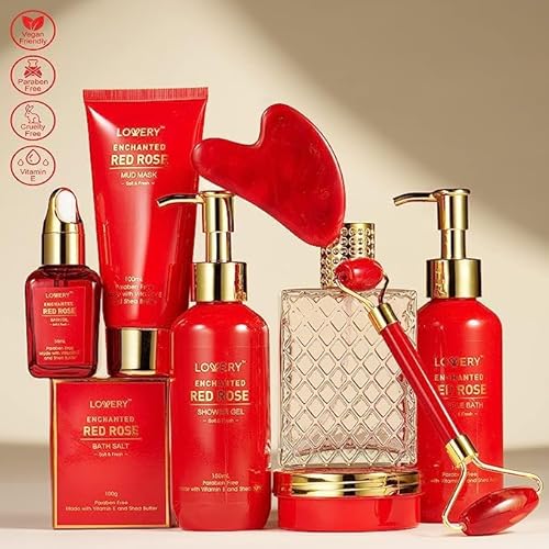 Anniversary Gifts for Her, Red Rose Spa Gifts for Women, Bath and Body Gift Set, Pampering Gift Basket, Birthday Gifts for Mom with Perfume, Jade Roller, Quartz Gua Sha Stone & More