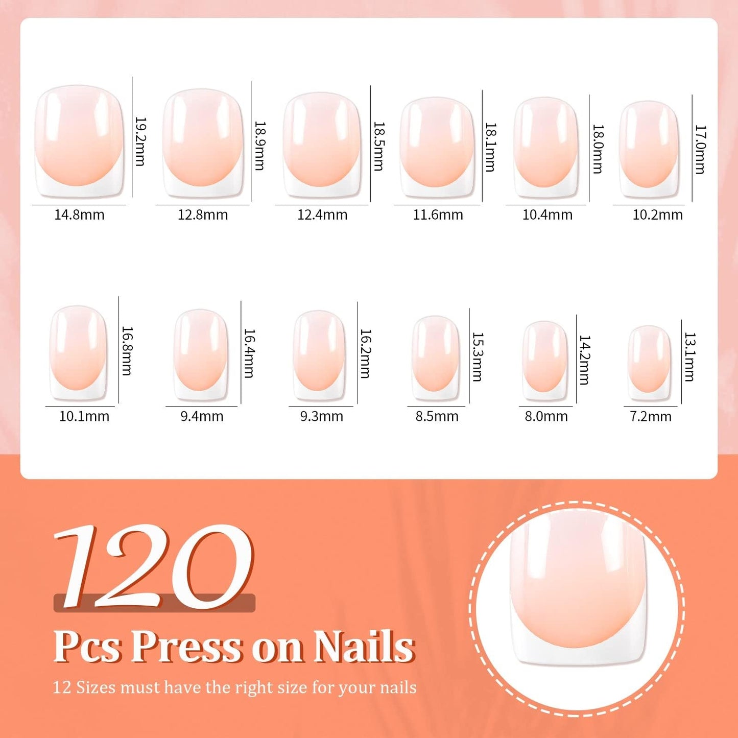 LIARTY 120 Pcs French Press On Nails Short Square, French Tip False Nails Manicure, 12 Size Acrylic Full Cover Artificial Fake Nails with Simple Case, Natural