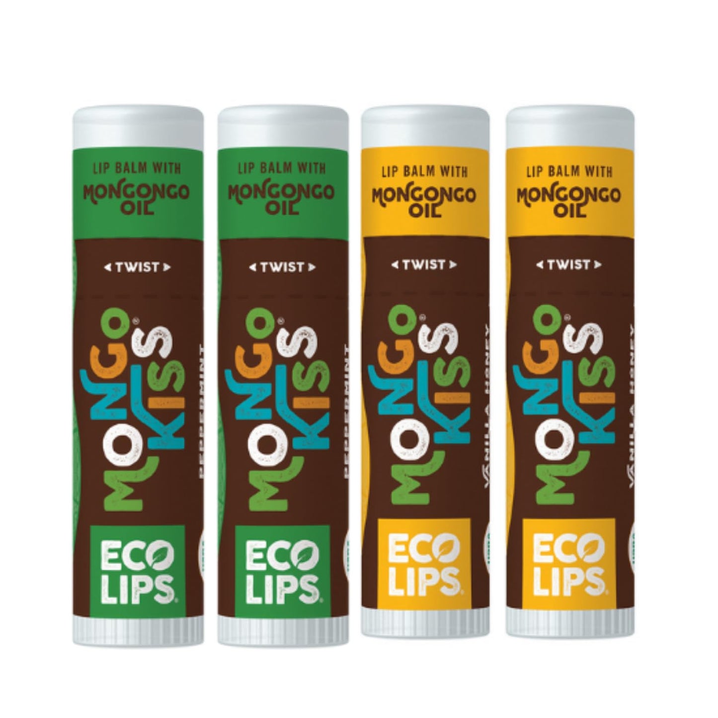 Eco Lips Mongo Kiss Organic Lip Balm 4 Pack - 100 Percent USDA Organic - Soothe, Moisturize Dry, Cracked and Chapped Lips - Made in USA (Peppermint & Vanilla Honey)