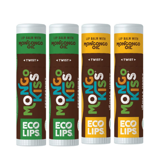 Eco Lips Mongo Kiss Organic Lip Balm 4 Pack - 100 Percent USDA Organic - Soothe, Moisturize Dry, Cracked and Chapped Lips - Made in USA (Peppermint & Vanilla Honey)