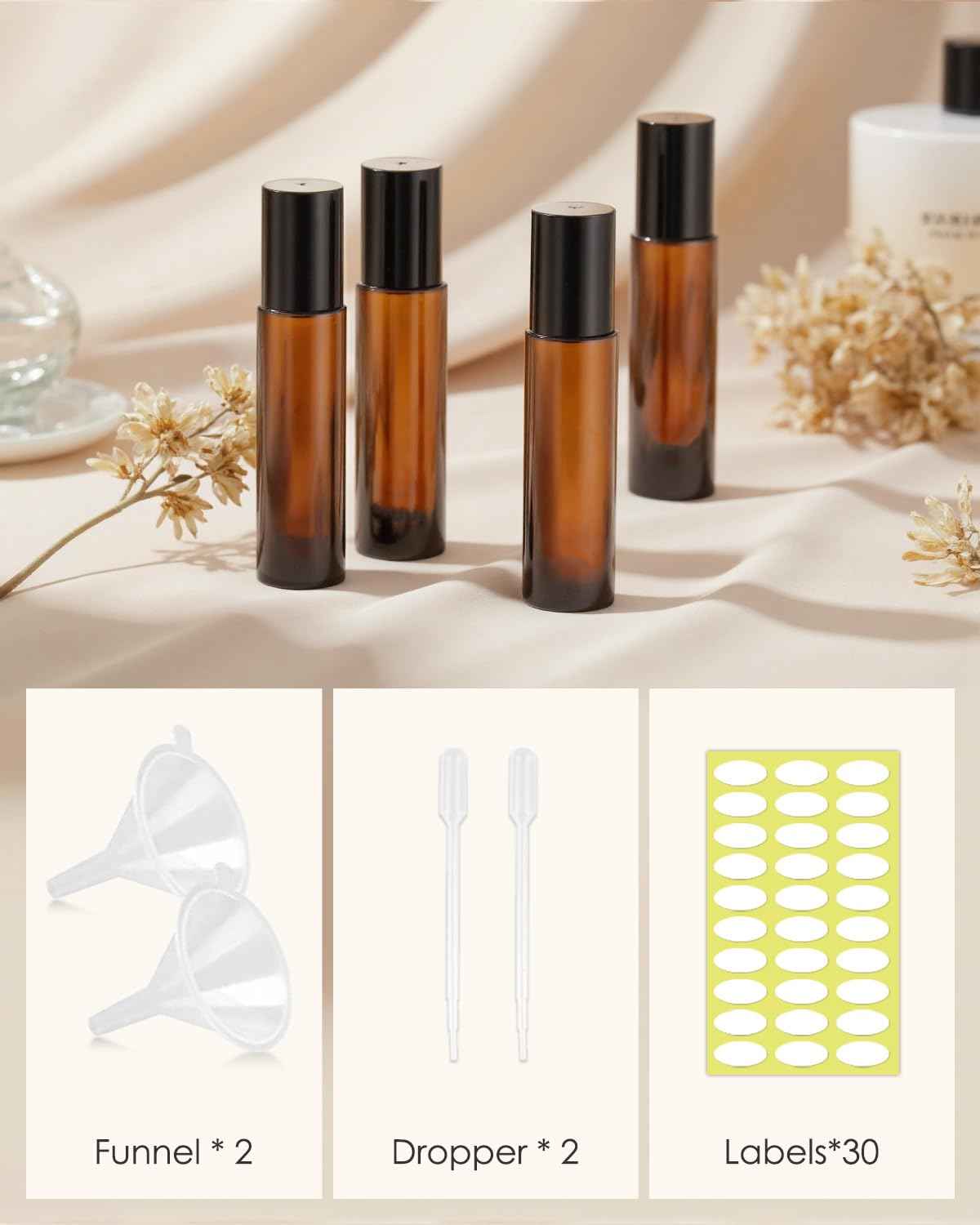 Worldgsb 25 Pack Essential Oil Roller Bottles, 10ml Refillable Amber Glass Roller Bottles with Stainless Steel Roller Balls and Caps for Travel, Perfume and Lip Gloss