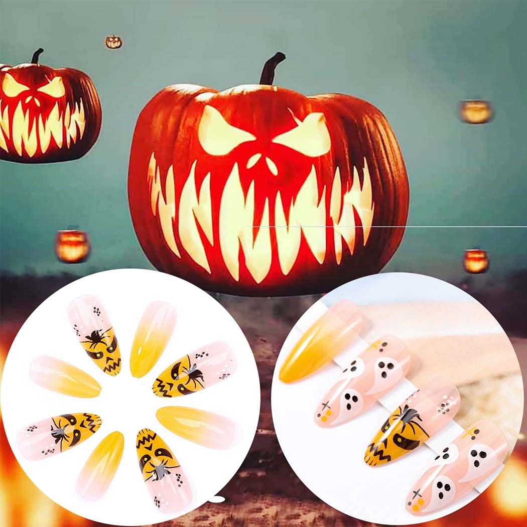 Outyua Stiletto Halloween Long Press on Nails with Design Horror Acrylic Fake Nails Ballerina False Nails Designer Full Cover Nails 24Pcs for Women and Girls (Orange Pumpkin)