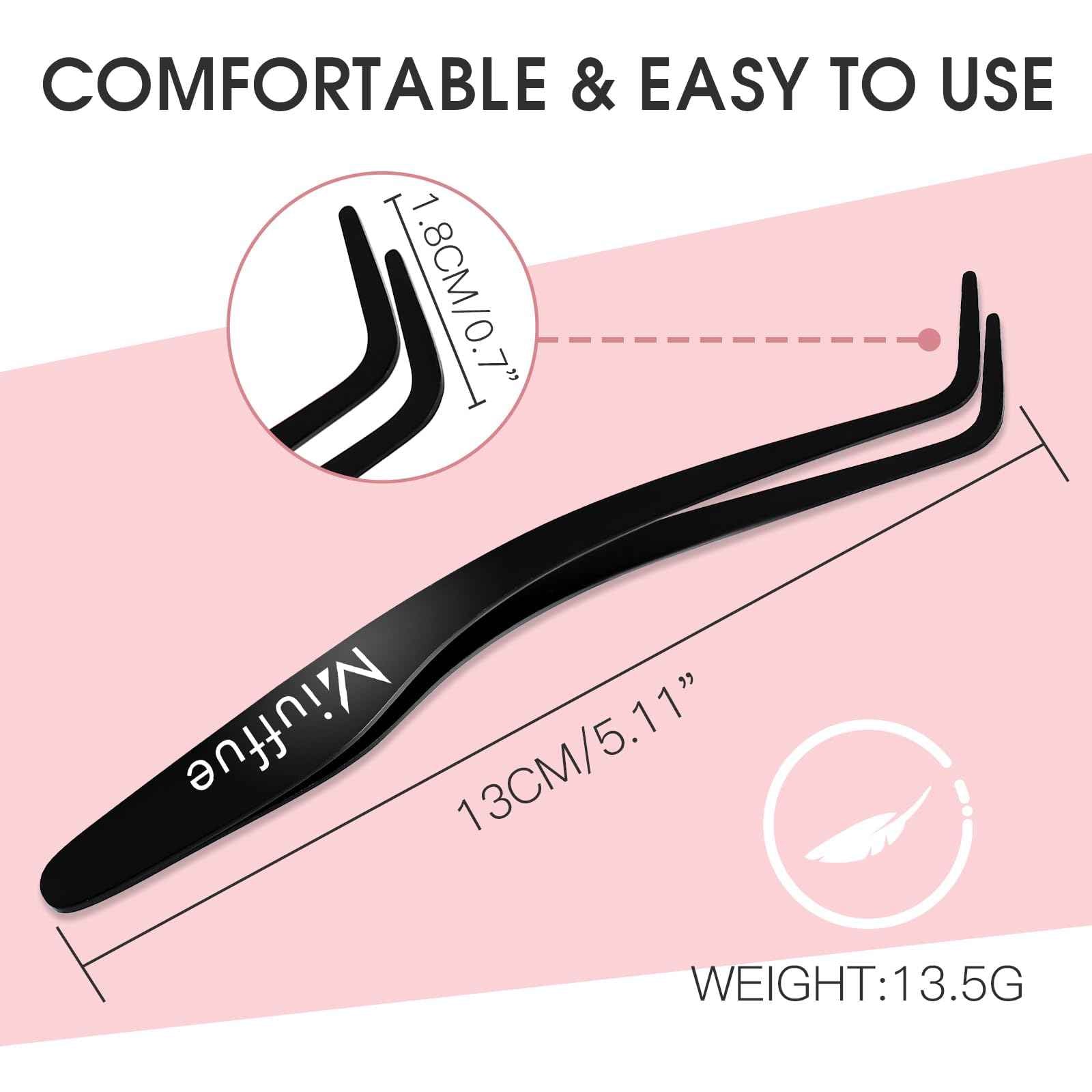 Miuffue Lash Applicator Tool DIY Eyelash Applicator Stainless Steel Curved Eyelash Tweezers for Cluster Lashes (Black)