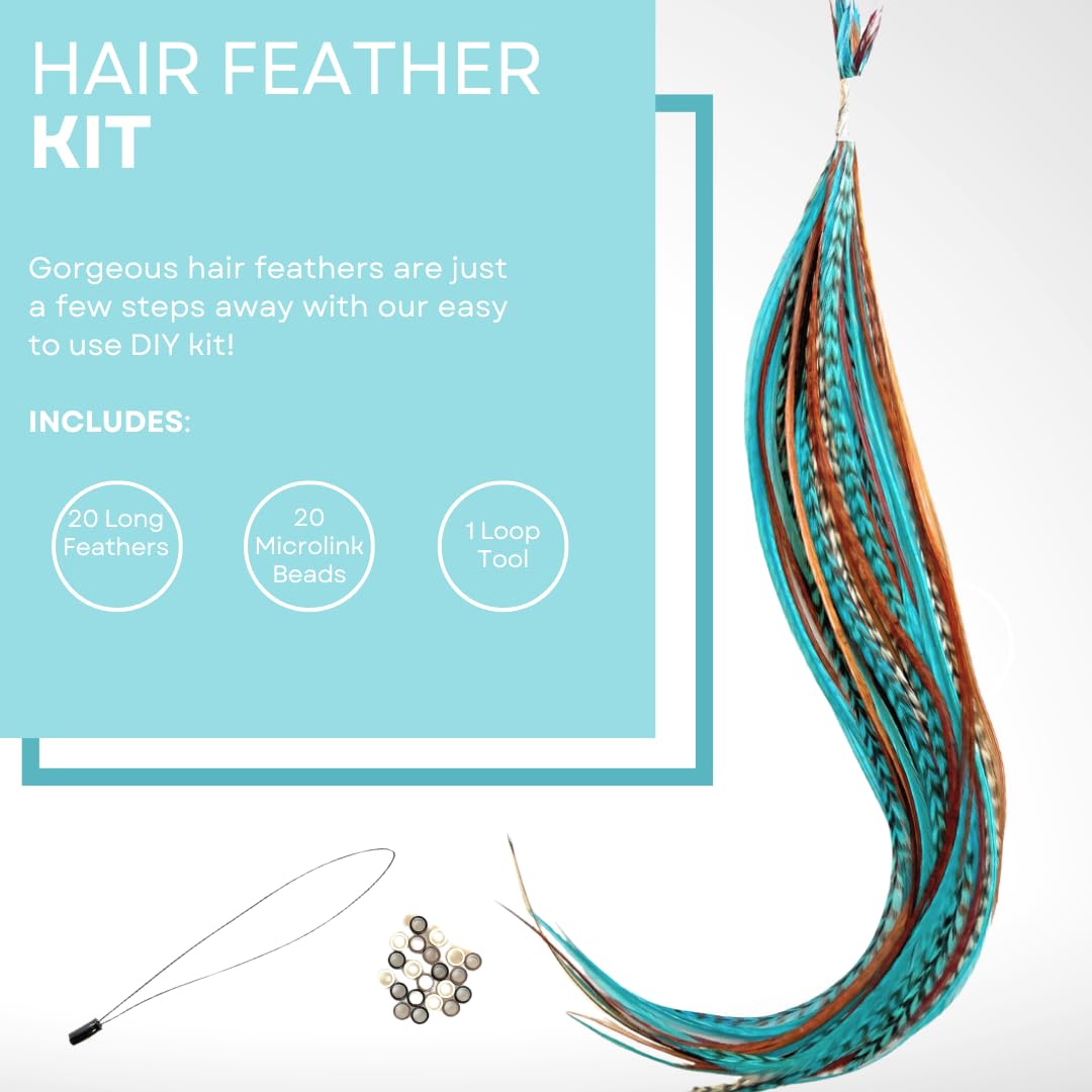 Hair Feathers Extensions Kit, Long Real Rooster Feathers for Hair with DIY Microlink Beads and Loop Tool, Western Turquoise Blue and Brown Naturals