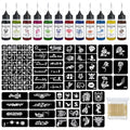 Temporary Tattoo Kit - 12 Colors Ink & 111 Stencils