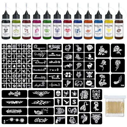 Temporary Tattoo Kit - 12 Colors Ink & 111 Stencils