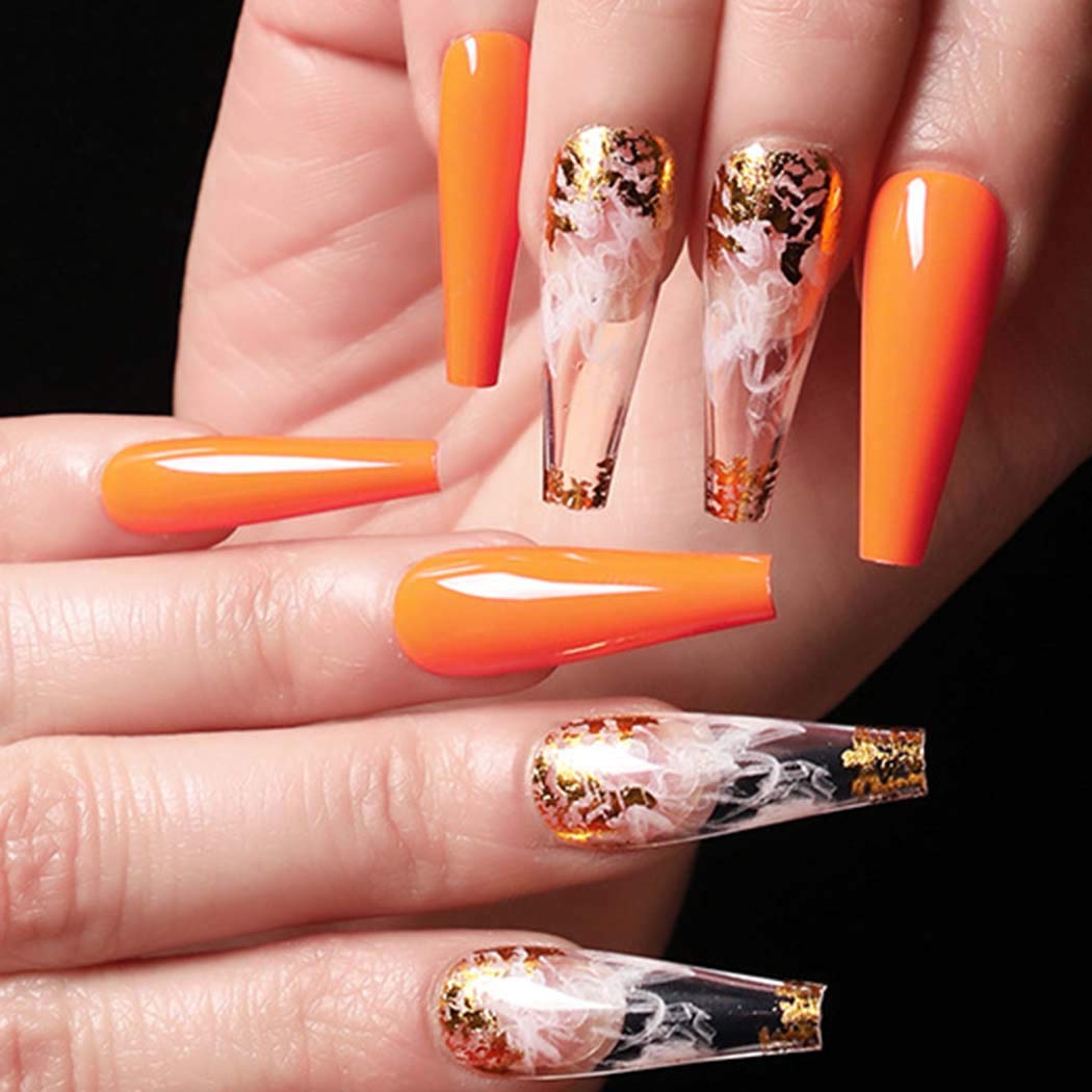 Outyua Glossy Smoke Pattern Fake Nails Coffin Extra Long Press on Nails with Design Ballerina Acrylic Cute False Nails 24Pcs (Orange)