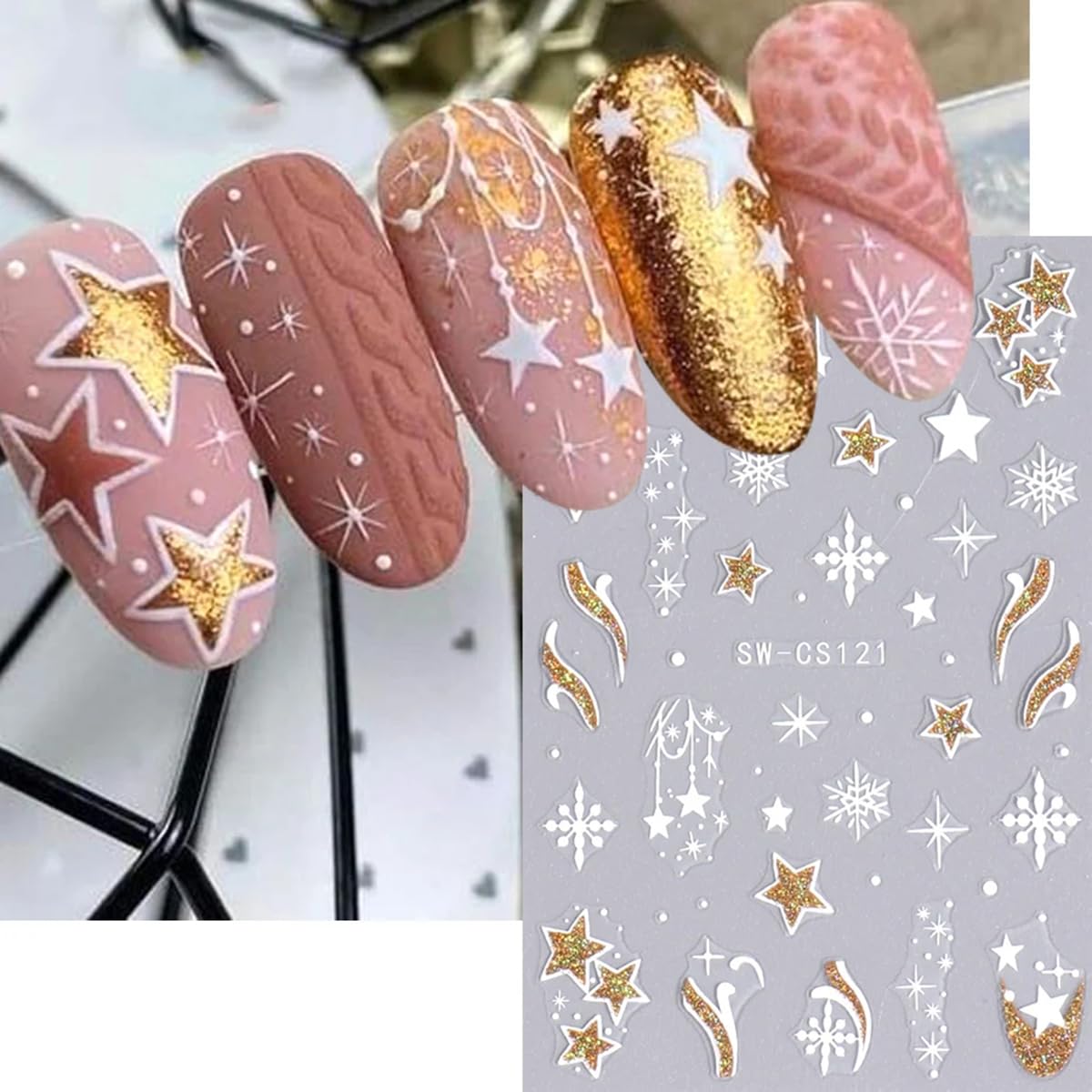 Christmas Nail Art Stickers 3D Winter Snowflake Nail Decals Self-Adhesive Gold Line Snow Ball Nail Design Charm DIY Christmas Nails Decorations French Holiday Nail Stickers for Women Girls 8 Sheets