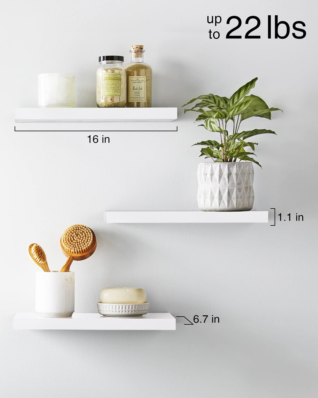 BAYKA Floating Shelves for Wall, Wall Mounted Rustic Wood Shelves for Bathroom, Bedroom, Living Room, Kitchen, Hanging Shelf for Books/Storage/Room Decor with 22lbs Capacity (White, Set of 3, 16in)