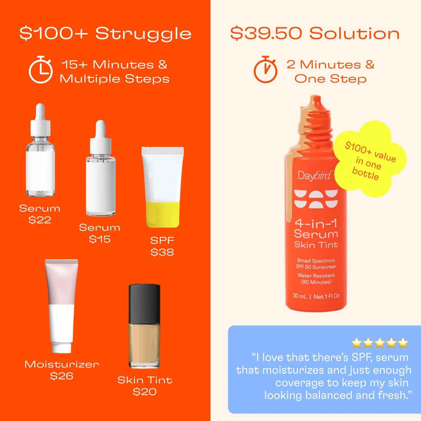 Daybird 4 in 1 Tinted Serum, Tinted Moisturizer and Sunscreen for Face, SPF 50+ Niacinamide, 1 Ounce (light)