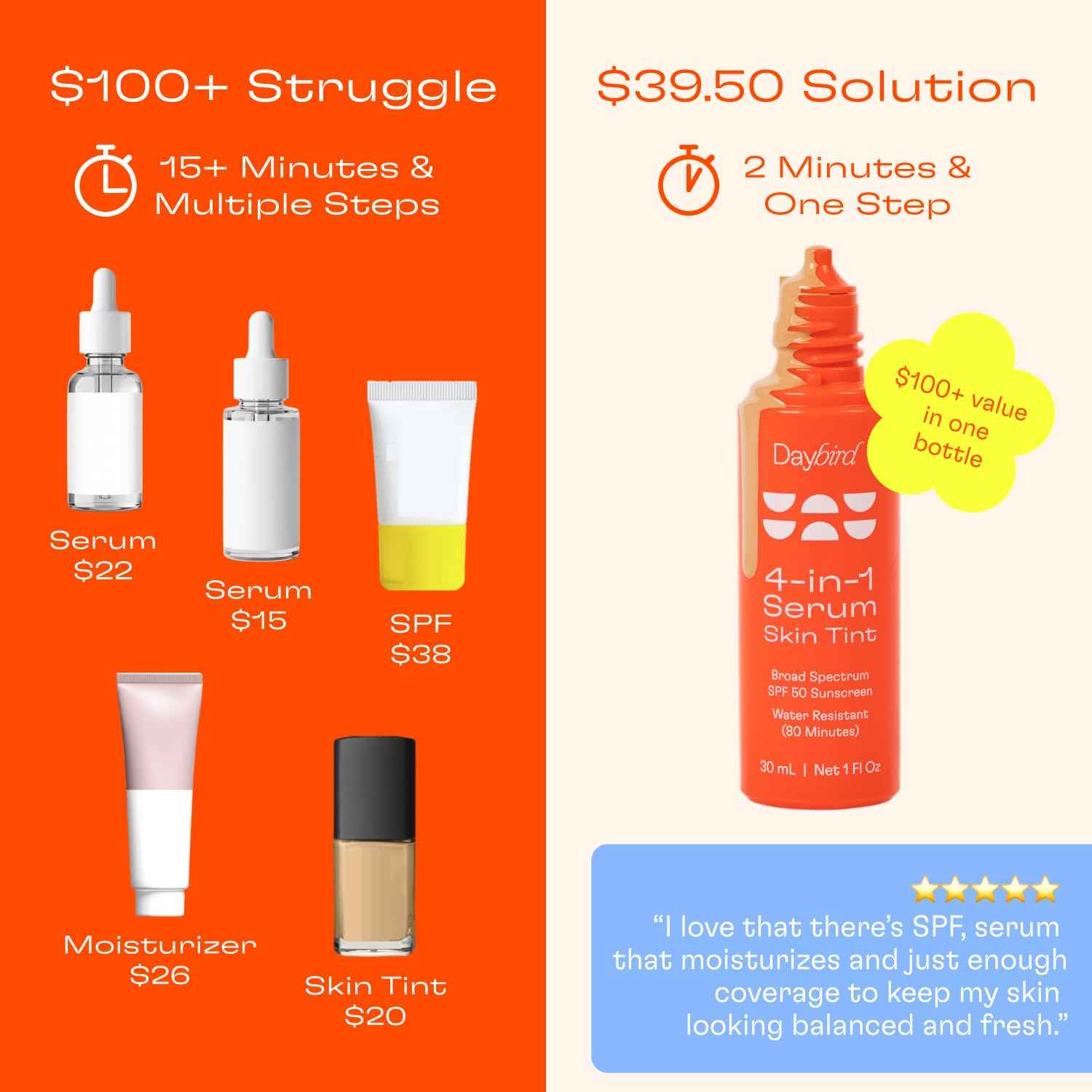 Daybird 4 in 1 Tinted Serum, Tinted Moisturizer and Sunscreen for Face, SPF 50+ Niacinamide, 1 Ounce (light)