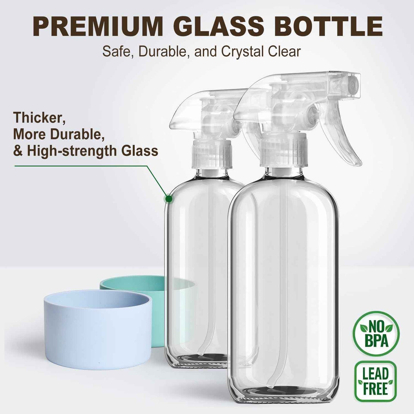 Glass Spray Bottles with Silicone Sleeves (2 Pack, 16 oz), Mist and Stream Empty Refillable Containers, Water Sprayer Misting Bottle for Cleaning Solutions, Planting, Hair Spraying, Green & Grey