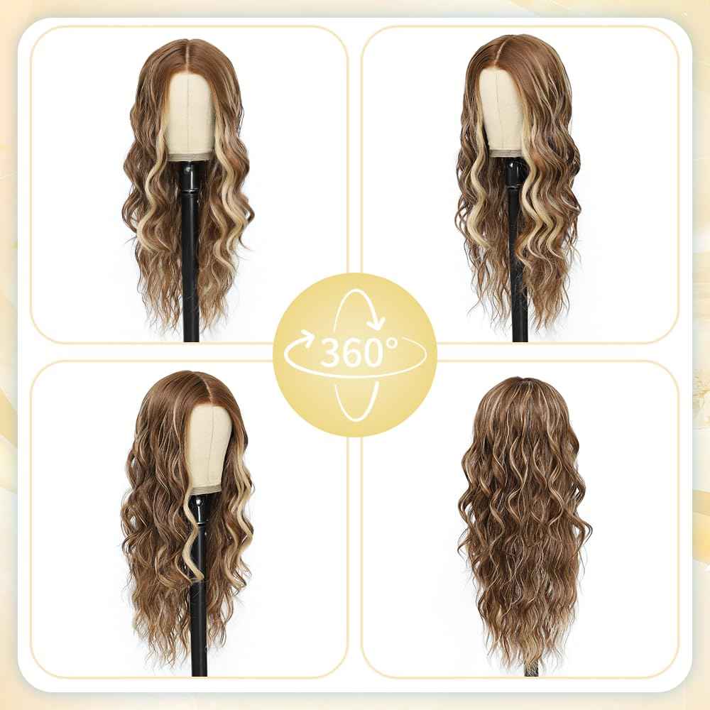 ShowCoco Long Brown to Ombre Blonde Wigs for Women 26 Inch Highlights Blonde Wig Natural Middle Part Synthetic Wavy Hair Heat Resistant Fiber Hair Replacement Wigs for Daily Party 3 Seconds to Wear