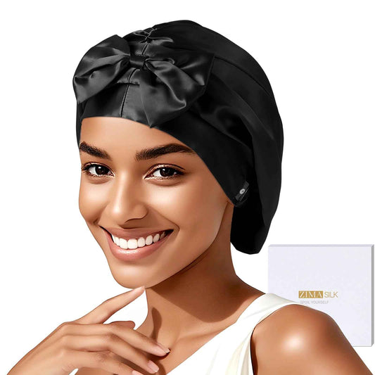 ZIMASILK 22 Momme Adjustable 100% Pure Mulberry Silk Bonnet for Sleeping Women, Double-Layered Silk Hair Bonnet for Anti-Frizz & Hair Protection – Reduces Slipping (1Pc, Black)