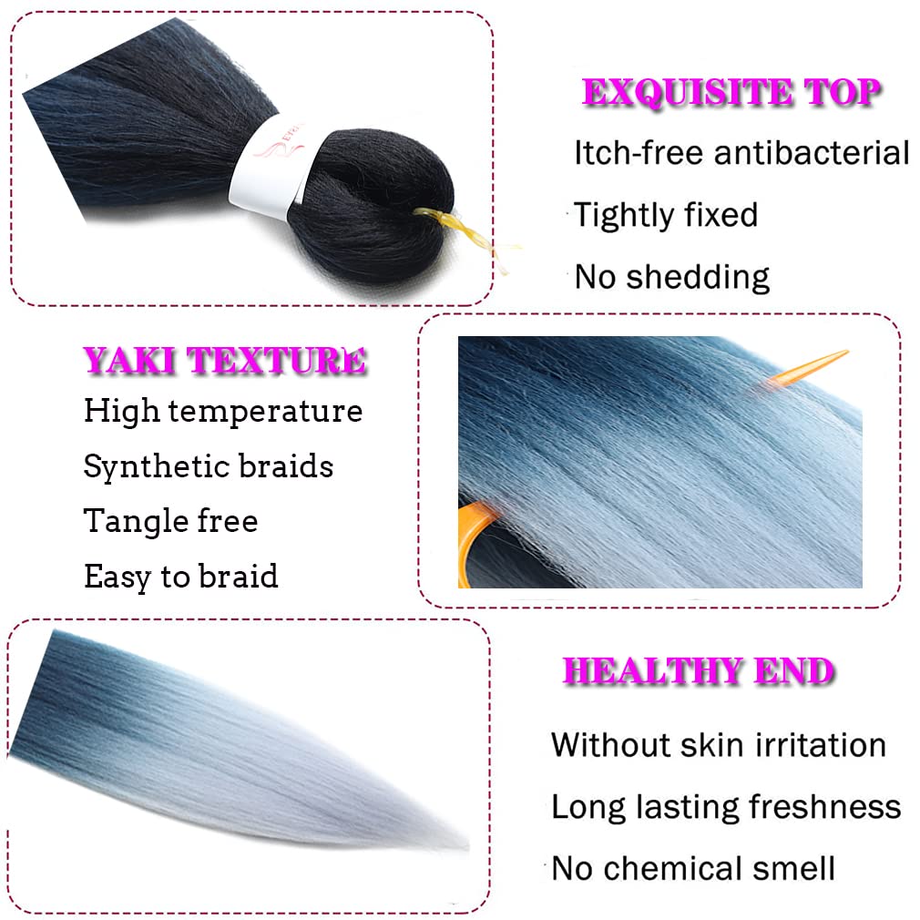 Pre Stretched Braiding Hair Extensions 30 Inch 6 Packs Long Professional Crochet Twist Braids Hair High Temperature Synthetic Fiber Yaki Texture(30",black-dark blue-sliver grey)