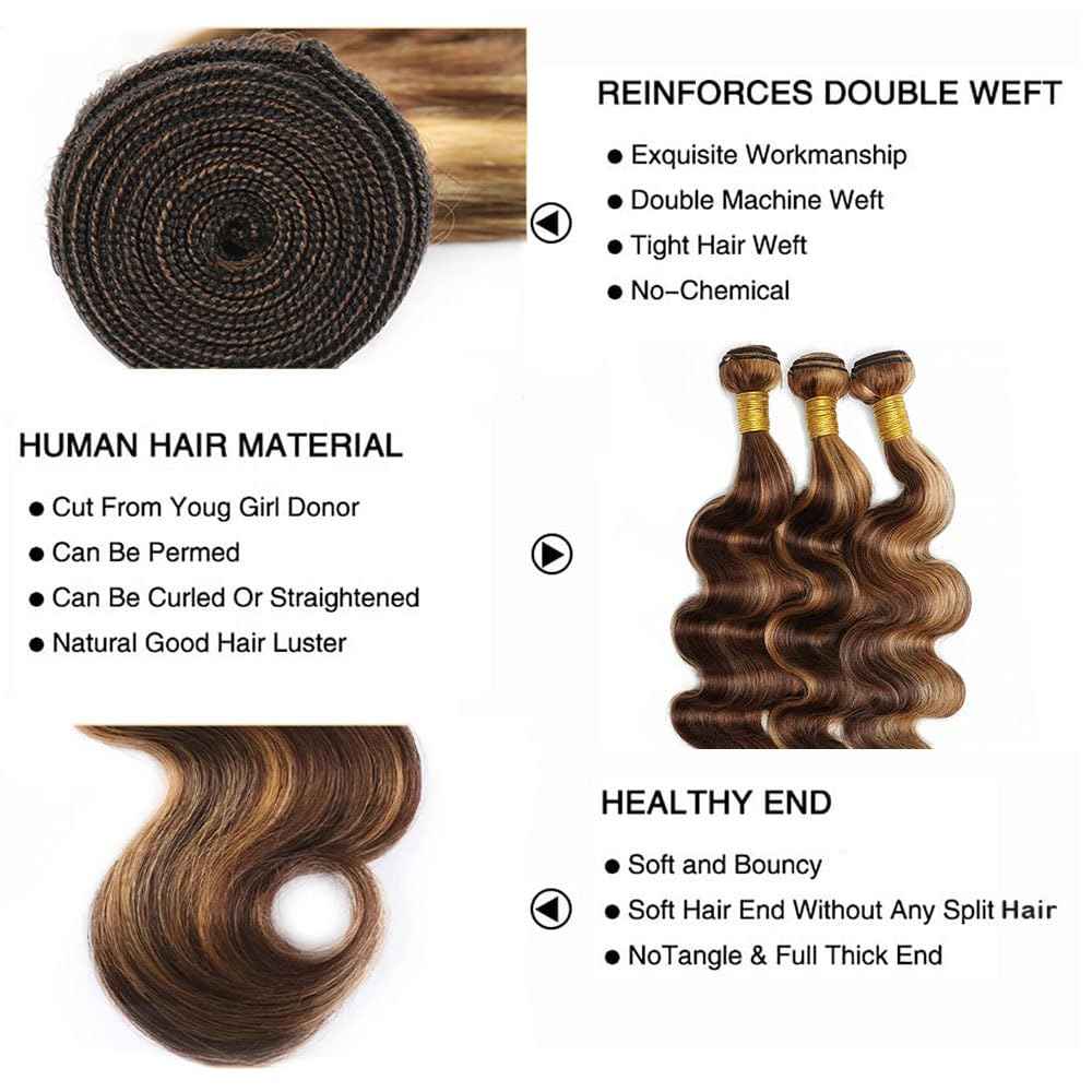 Ombre Human Hair Bundles 4/27 Bundles Honey Blonde Body Wave Bundle Healthy And Soft 12 14 16 Inch Highlight Bundle Hair Weave Unprocessed Salon Quality 300G