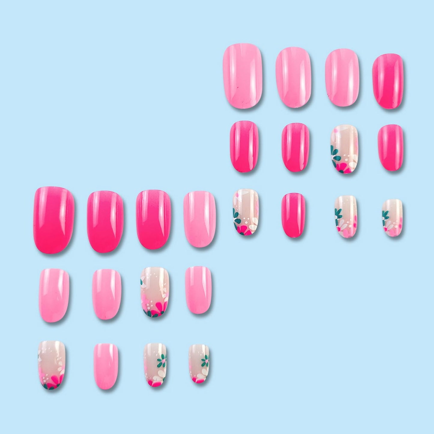 Flower Press on Nails Short Almond Shaped False Nails Glossy Pink Stick on Nails with Colorful Floral Design Fake Nails Reusable Acrylic Nails Glue on Nails Full Cover Stick on Nails for Women 24 Pcs