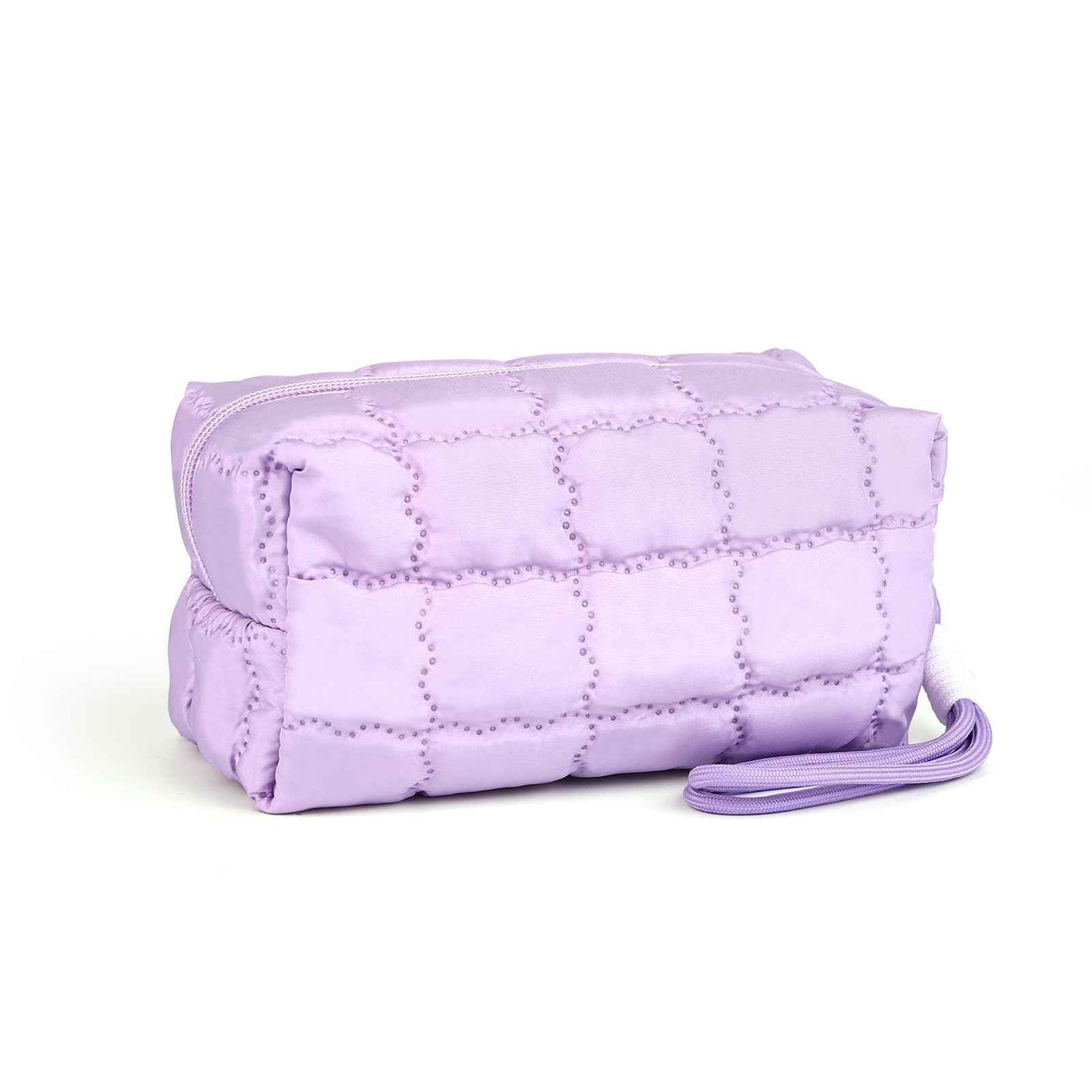 Richeart Makeup Bag Travel Toiletry Bag - Checkered Down Cotton Makeup Pouch for Women with Cosmetic and Pencil, Aesthetic Purple Design, Small