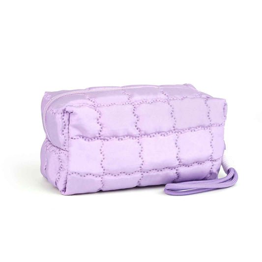 Richeart Makeup Bag Travel Toiletry Bag - Checkered Down Cotton Makeup Pouch for Women with Cosmetic and Pencil, Aesthetic Purple Design, Small