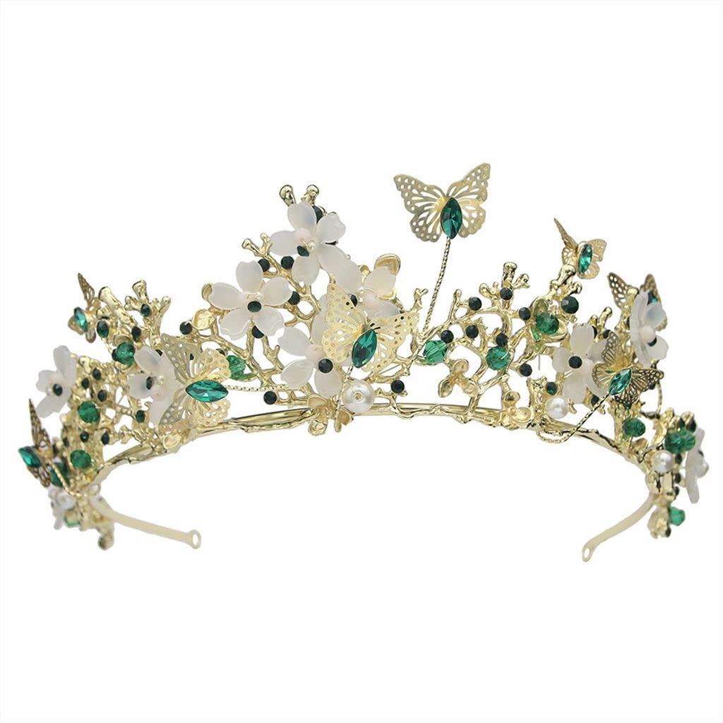 Queen Tiaras and Crown Wedding Bridal Rhinestones Butterfly Flowers Graduation Photography Headpieces Sweet 16 Junior's Headand with Pearls,Green