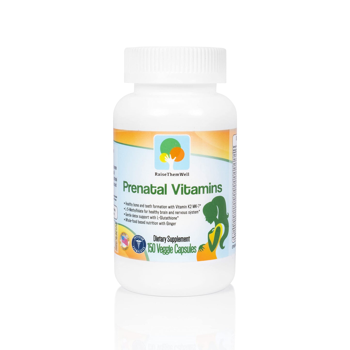 Raise Them Well Prenatal Multivitamin with Methylfolate, K2 MK-7, Glutathione & Iron, Physician Developed, Non-GMO, Supports Healthy Pregnancy, Brain & Bone Development, 150 Veggie Capsules