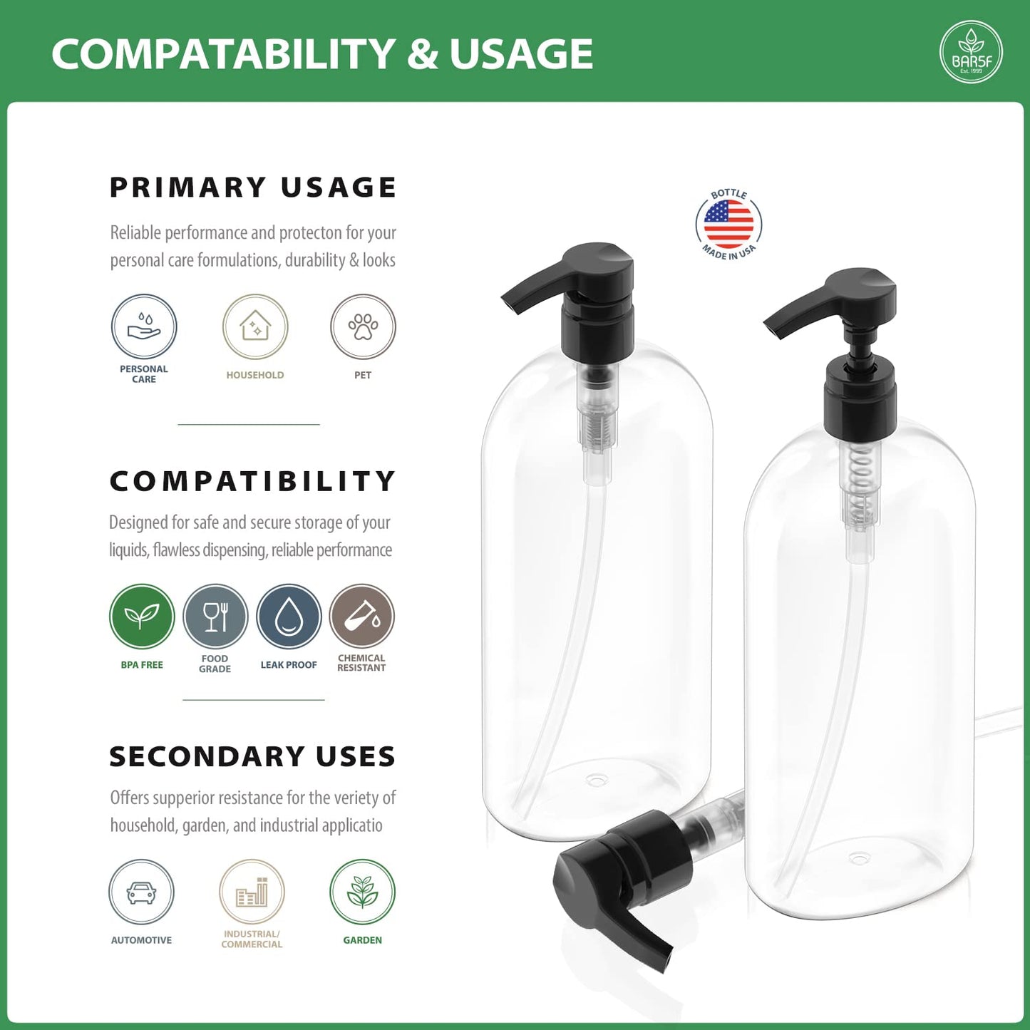 Bar5F Empty Shampoo Bottles with Pumps (2-Pack 32oz/1Liter/Large) BPA-Free PETE1 Plastic Bottle Crystal-Clear