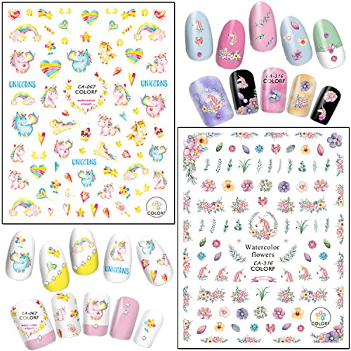 Cute Nail Art Stickers, 3D Cartoon Animal Nail Art Decals Holographic Unicorn Rainbow Heart Flowers Nail Adhesive Sticker Design for Women Girls Manicure Decoration DIY Nail Decal Supplies