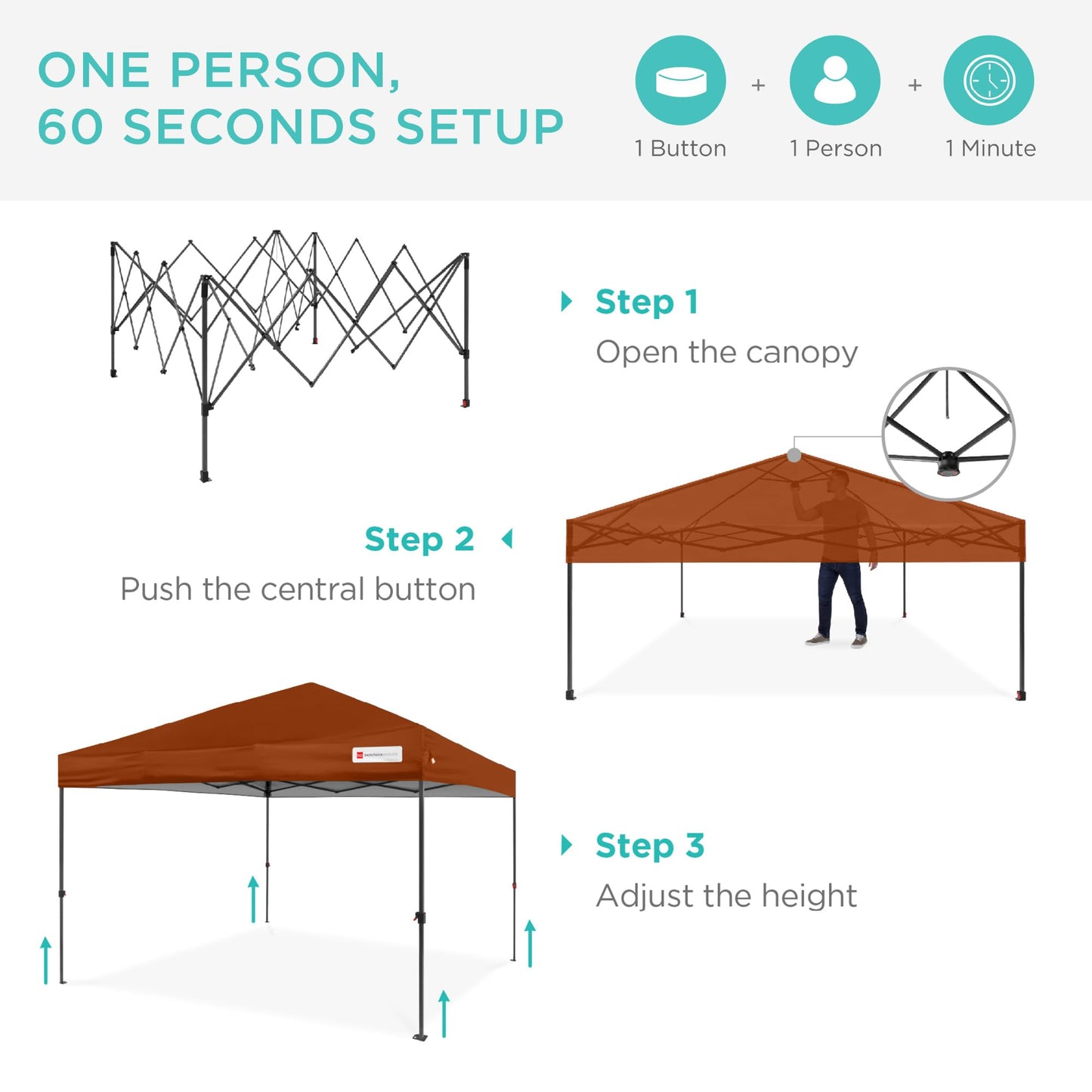 Best Choice Products 8x8ft 1-Person Setup Pop Up Canopy Tent Instant Portable Shelter w/ 1-Button Push, Case, 4 Weight Bags - Rust