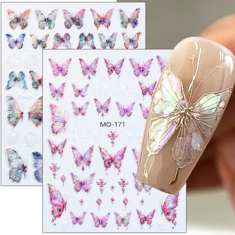 5D Aurora Butterfly Nail Stickers for Women Cartoon Butterfly Nail Art Stickers for Nail Designs Embossed Butterfly Stickers for Nails Design Rose Flower Butterfly Nail Decals for Nail Art Supplies