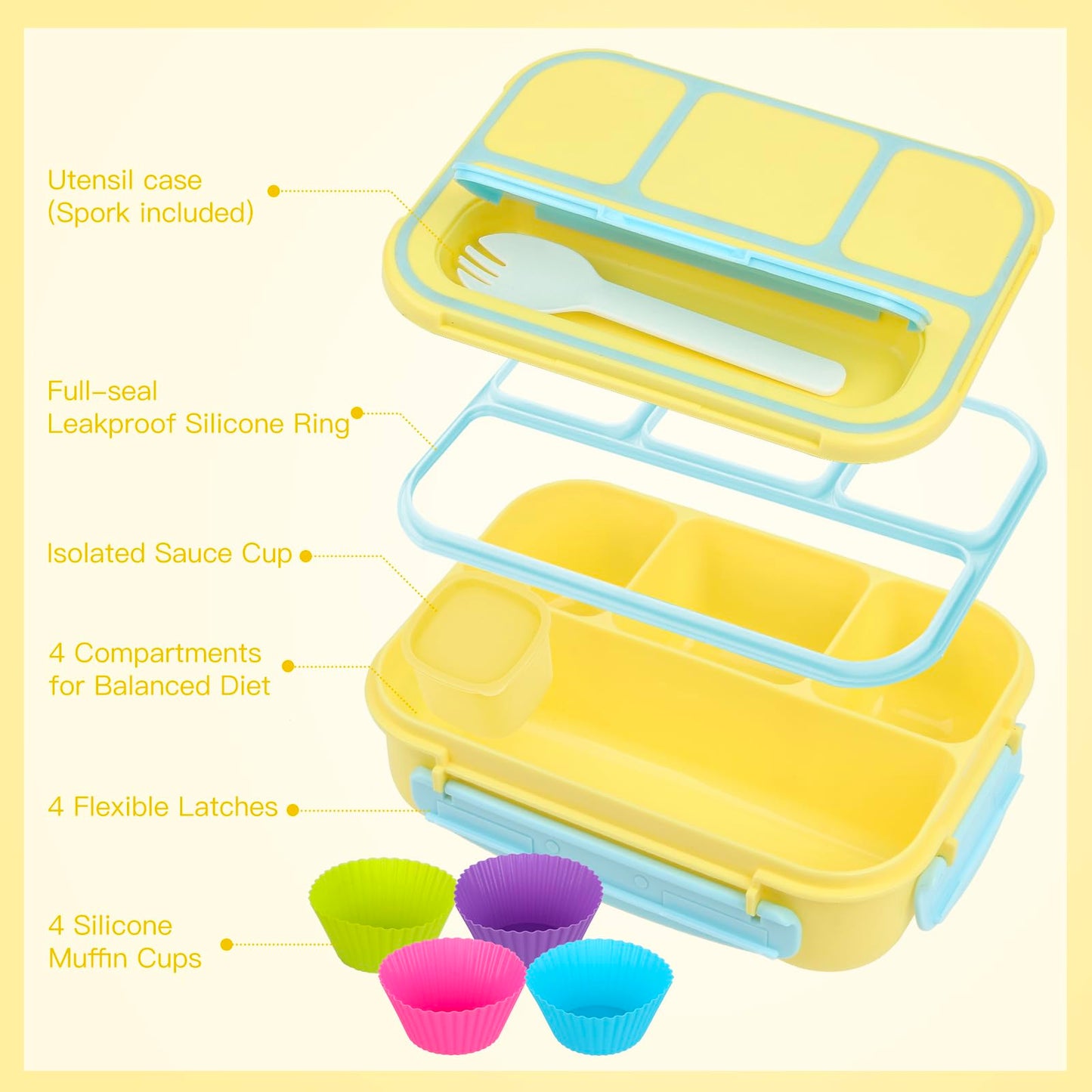 MaMix Bento Lunch Box Adult Lunch Box, Lunch Box Kids, Lunch Containers for Adults/Kids/Students,1300ML-4 Compartment Bento Lunch Box (yellow)