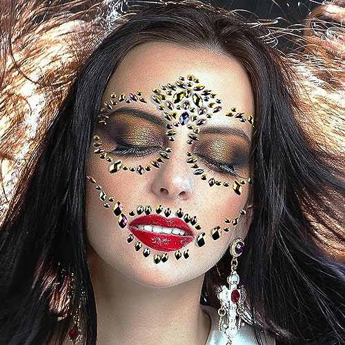 Halloween Sugar Skull Face Gems Jewels Skull Temporary Rhinestone Face Tattoo Day Of The Dead Face Decal Tattoo Stickers For Halloween Festival Rave Party Festival Accessories (Black Gold)