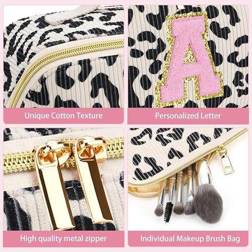Personalized Travel Makeup Bag Set - Initial Graduation Gifts, Teacher Appreciation Gifts, Open-Flat Cosmetic Organizer with Brush Pockets, Travel Toiletry Bag for Women-Black Leopard T