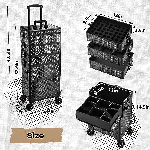 5-in-1 Makeup Train Case on Wheels with Removable Trays