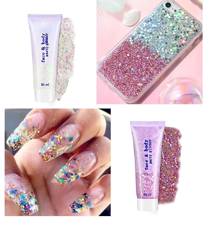 3 Colors Face Body Glitter Gel, Sequins Shimmer Liquid Eyeshadow, Chunky Glitter for Face Hair Nails, Holographic Cosmetic Laser Powder,Rave Festival Glitter Makeup.(02#Golden+04#Fuchsia+06White)