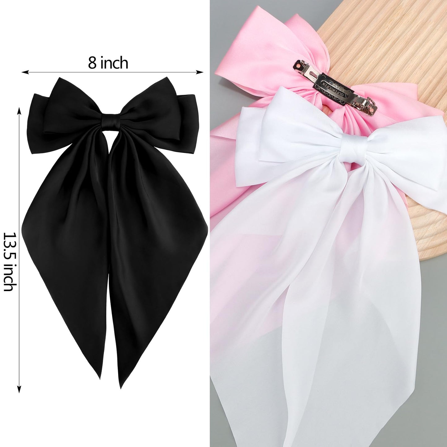 Velscrun Hair Bows for Women Girls 3Pcs White Pink Black Silky Satin Large Bows Hair Clip Oversized Hair Ribbons Long Tail Big Hair Bows Accessories