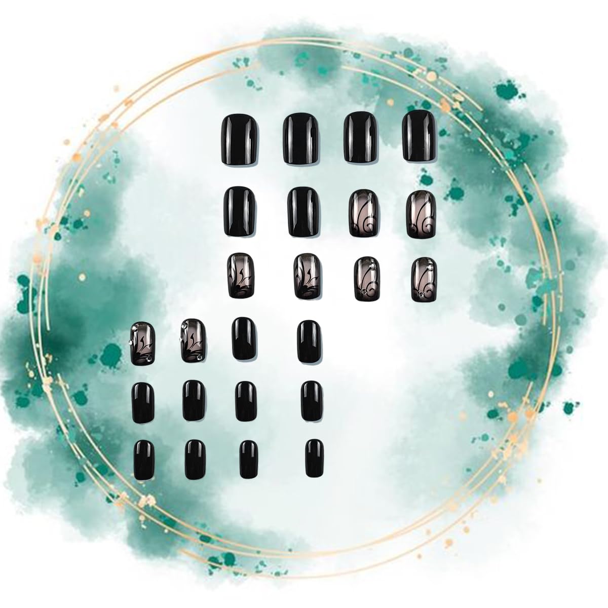 24 Pcs Black Press on Nails Short Square Curve Line Vine Stick on Nails Glossy Fake Nails with Rhinestones Reusable Full Cover False Nails for Women Nail Decoration