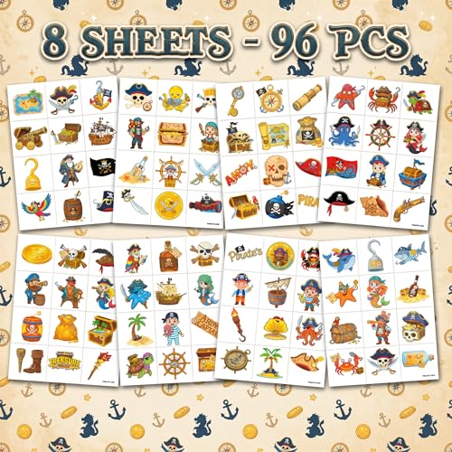 96 Pirate Temporary Tattoos for Kids Pre-Cut Party Favors