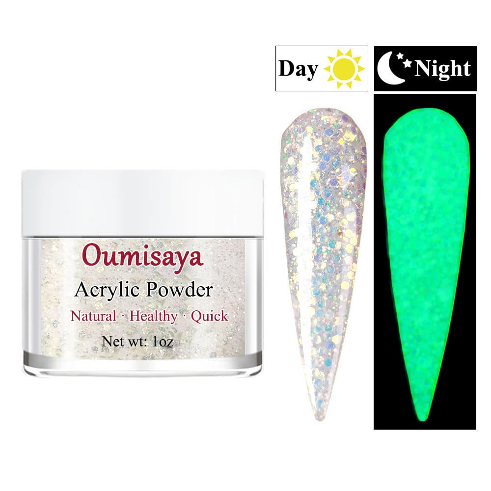 OUMISAYA Glow in the dark Glitter Nail Acrylic Powder White Color 1OZ (APG031)