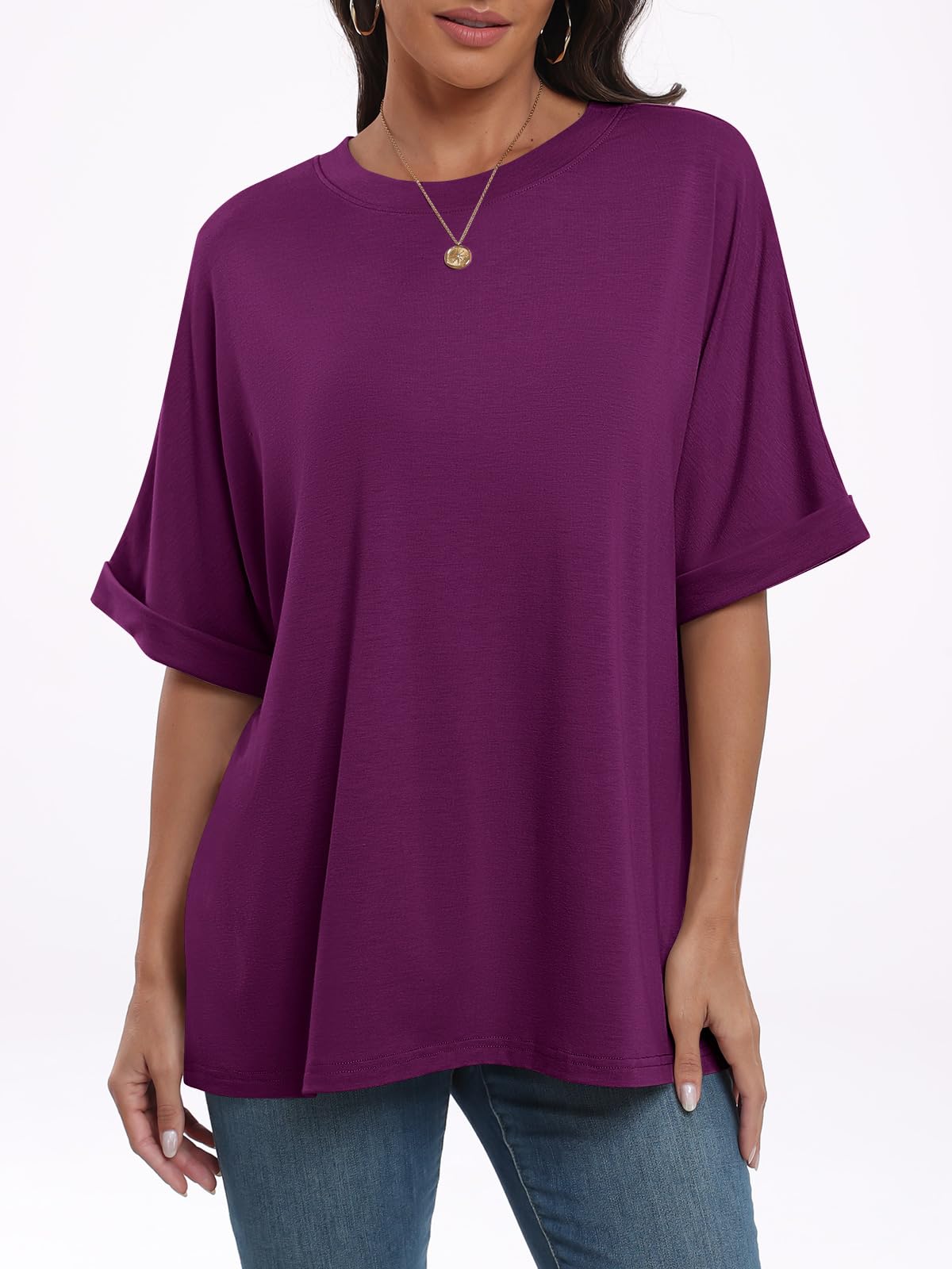 ANRABESS Women's Oversized T Shirts Short Sleeve Crewneck Summer Tops Casual Loose Basic Tee Shirts 2024 Trendy Clothes Purple Small