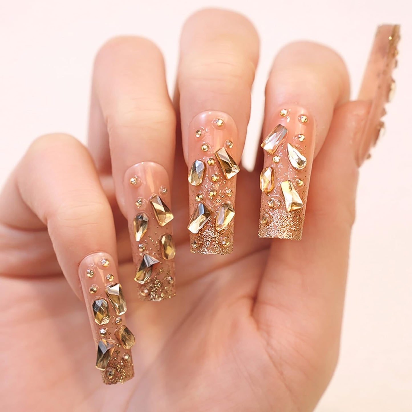 Rilafuvu Press on Nails Long Fake Nails Nude Glue on Nails Rhinestones Acrylic Nails French Nails Glitter Artificial Nails False Nails Press on Nail Stick on Nails for Women and Girls 24Pcs