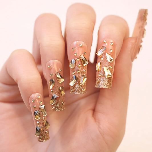 Rilafuvu Press on Nails Long Fake Nails Nude Glue on Nails Rhinestones Acrylic Nails French Nails Glitter Artificial Nails False Nails Press on Nail Stick on Nails for Women and Girls 24Pcs