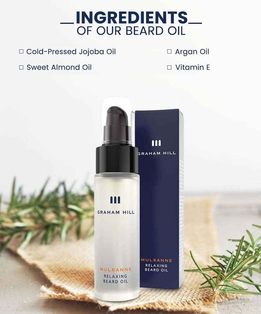 Graham Hill Mulsanne Relaxing Beard Oil for Men - 30ml | Nourishing Beard Growth Oil with Cold-Pressed Jojoba, Prickly Pear, and Mint - Vegan, Beard Oil for Glossy Smooth Beard and Mustache
