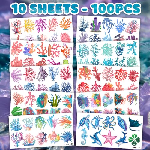 100 PCS Coral Ocean Temporary Tattoos for Kids - Waterproof