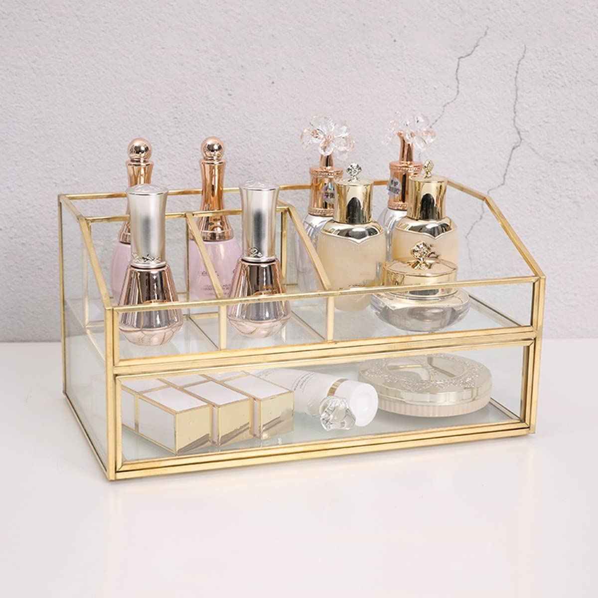 bofeiull Glass Makeup Brush Holder, Makeup Brush Organizer Jewelry Display Box, Nordic Style Elegant Glass Makeup Organizer Nail Polish Lipsticks Eyeliners Holder for Vanity Bathroom Bedroom Office