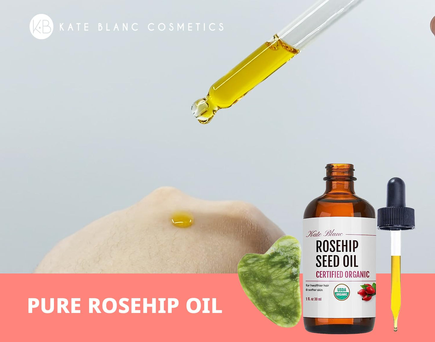 Kate Blanc Cosmetics Rosehip Oil for Face with Jade Gua Sha Stone (1oz, Organic, Pure, Cold Pressed) Rosehip Seed Face Oil for Gua Sha Massage