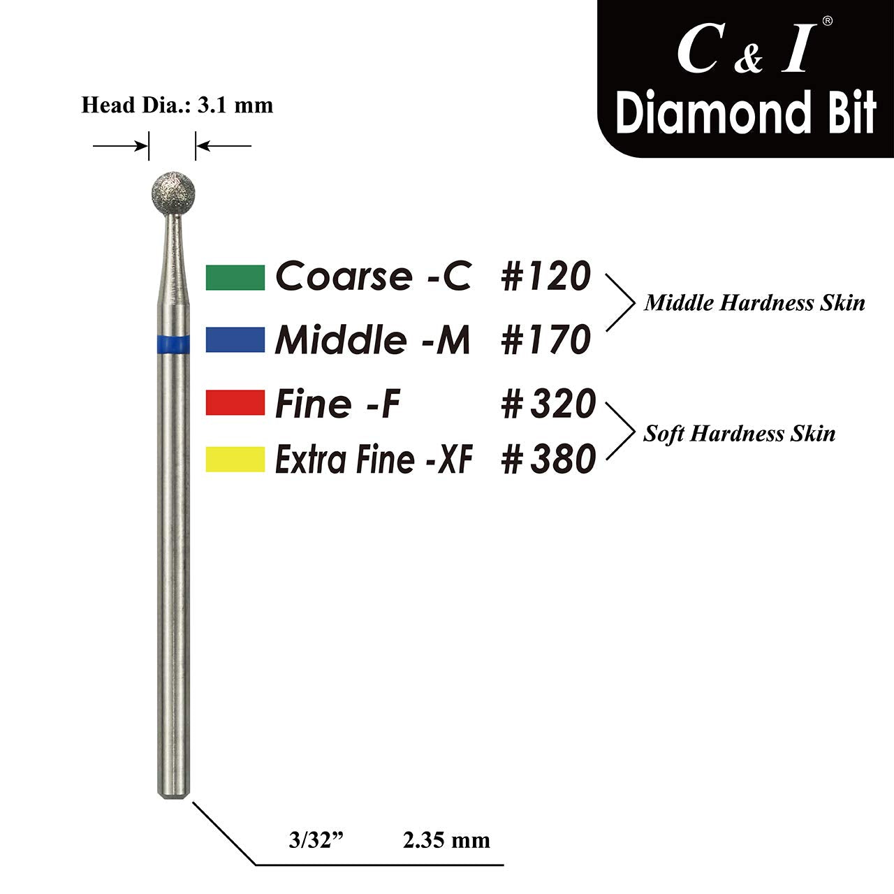 C & I Diamond Nail Drill Bit, Ball Shape Head E-File, Professional Cuticle Clean Drill Bit, Improved Diamond Powder plus Tungsten Carbide Shank 3/32” (2.35 mm) (3.1 mm, Coarse -C)