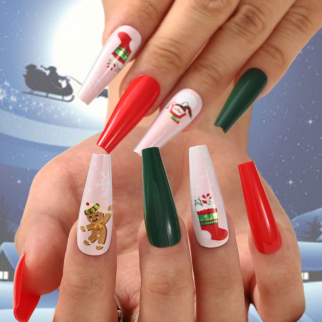 Uranian Coffin Extra Long Press on Nails Snowflake Red Christmas Fake Nails Elk Ballerina Glossy Full Cover False Nails Santa Claus Acrylic Nails Tips for Women and Girls 30 PCS (Pattern-B)