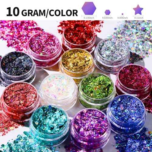 Teenitor Face Glitter Makeup Glitter, 12 Colors Face and Body Glitter Gel for Festival Makeup, Gel Hair Glitter for Face, Body, Hair, Total 120g/4.23oz